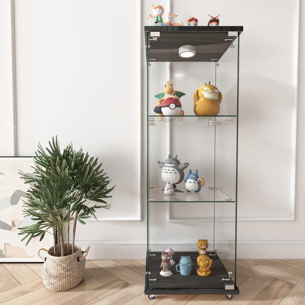 Modern Glass Display Cabinet with LED lights, Quick-assembly Antique Cabinet, Tempered Glass Bookshelf
