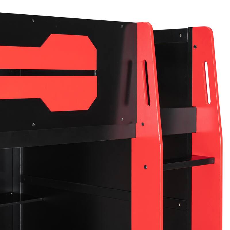 Esports Twin Loft Bed with Desk, Multi-storage Shelves and Light Strip