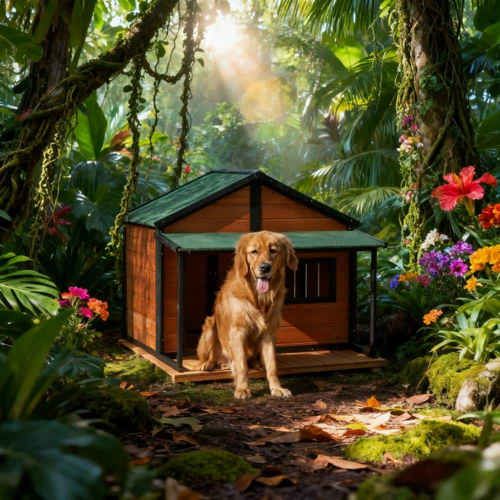 Wooden Raised Dog Kennel House with Asphalt Roof, Front Door, Side Window & Porch