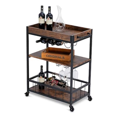 Industrial Kitchen Serving Trolley Cart - Vintage Style Rustic Wine Rack & Glass Storage, MDF Wood & Steel Frame (FKW56-N)