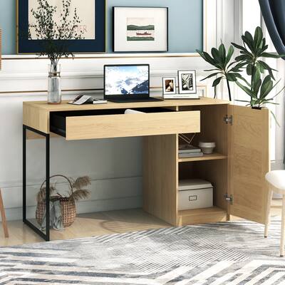 47" Wicker Writing Desks , with Storage Cabinet and Drawer , with Textured Wood Grain