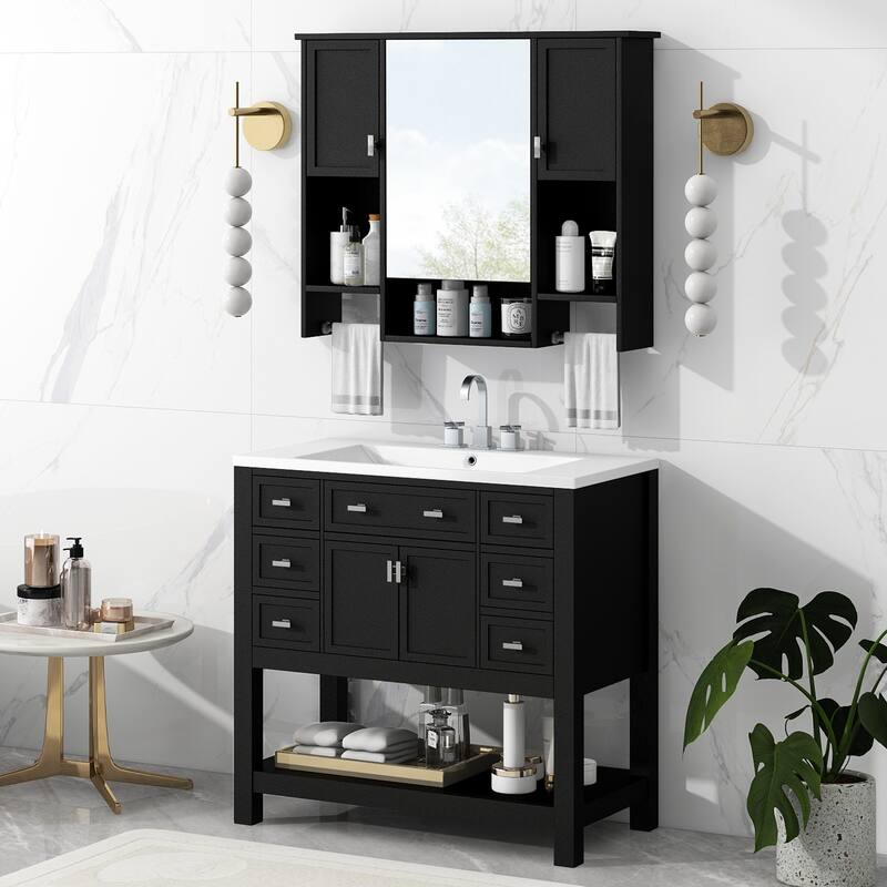 Roomfitters 36" Vanity with Sink, Mirror Cabinet and Towel Bar, Storage Unit with 6 Drawers and 2 Doors, Modern Design
