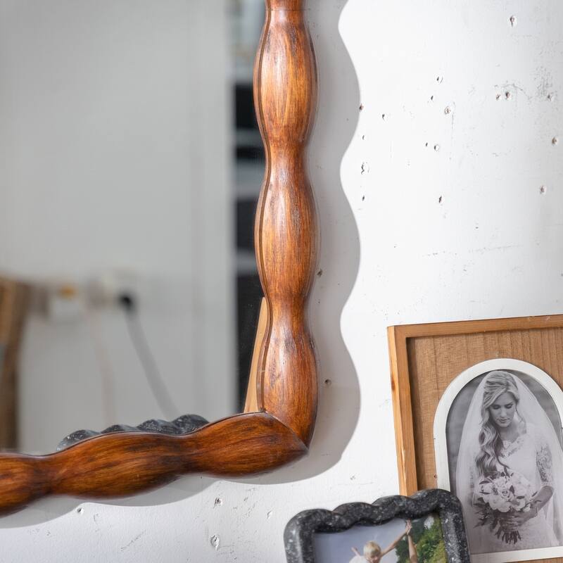 Mid-Century Modern Wall-Mounted Mirror with Solid Wood Frame