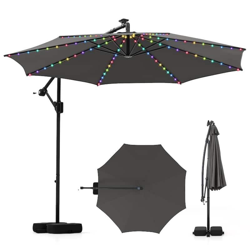 10FT Grey Polyester Cantilever Offset Patio Umbrella with 96 LED Lights Solar Panel and Metal Pole