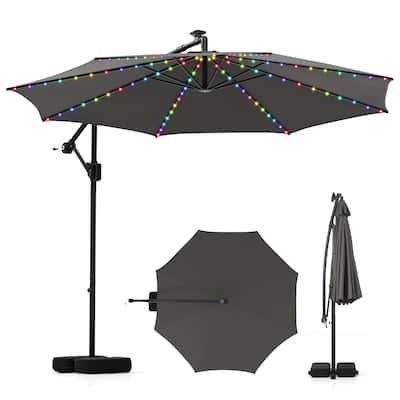 10FT Grey Polyester Cantilever Offset Patio Umbrella with 96 LED Lights Solar Panel and Metal Pole