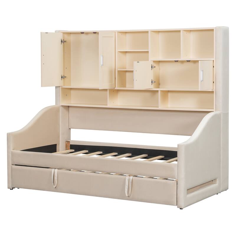 Roomfitters Twin Upholstered Daybed with Storage Shelves, Cabinets, Pull-Out Lift-Up Trundle and Armrest Lights