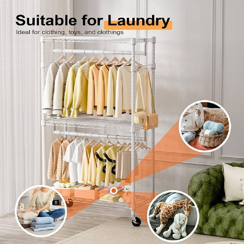 Heavy Duty Rolling Garment Rack with Wheels, 3-Tier Adjustable Wire Shelving, Clothes Rack with 2 Rods & Side Hooks