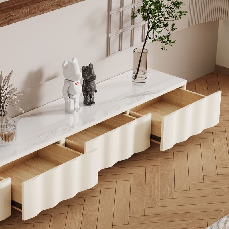 Modern Cream TV Stands with 3-6 Drawers, White Media Console with Glossy Sintered Stone Tabletop