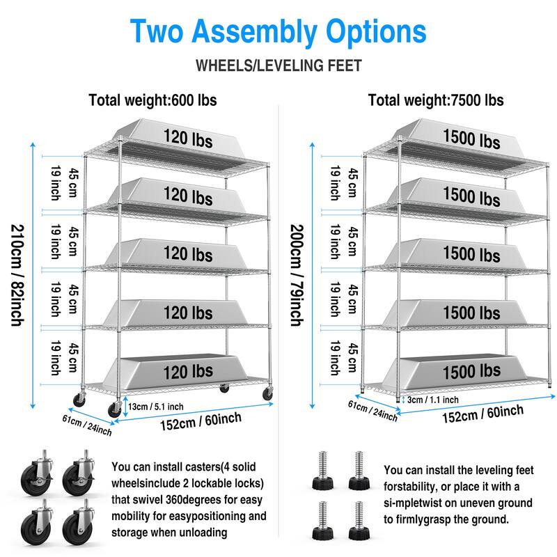 Adjustable 5-Tier Storage Rack with Heavy-Duty Capacity, Wheel Functionality, and Shelf Liners