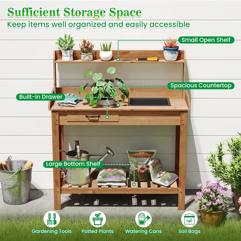 Gymax Potting Bench Outdoor Wooden Garden Table Work Station Solid