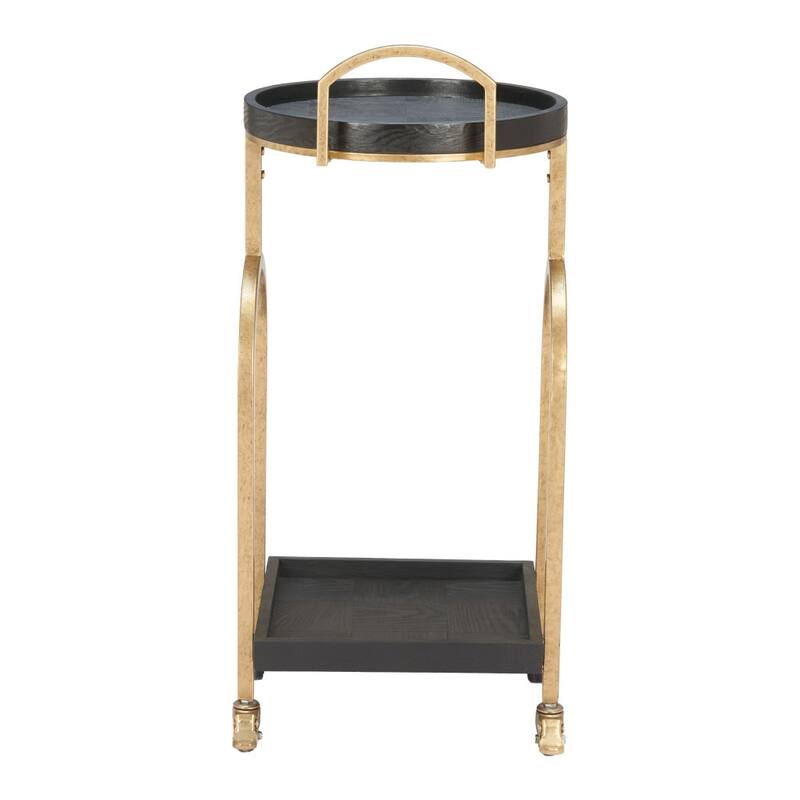 HomeRoots 17" Black And Brass Steel and Solid Wood Distressed Round Rolling Bar Cart - 17.00 in. x 34.80 in. x 16.00 in.