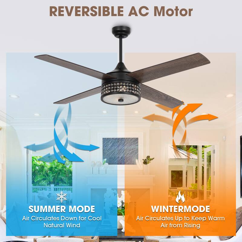 52" Matte Black Modern Crystal Ceiling Fan with Light and Remote Control - 52 in. D x 52 in. W x 15.25 in. H