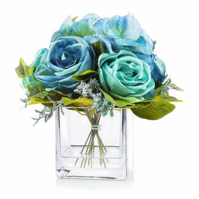 Enova Home Artificial Mixed Fake Silk Roses Flowers Arrangement in Cube Glass Vase with Faux Water for Home Office Decor (Aqua)
