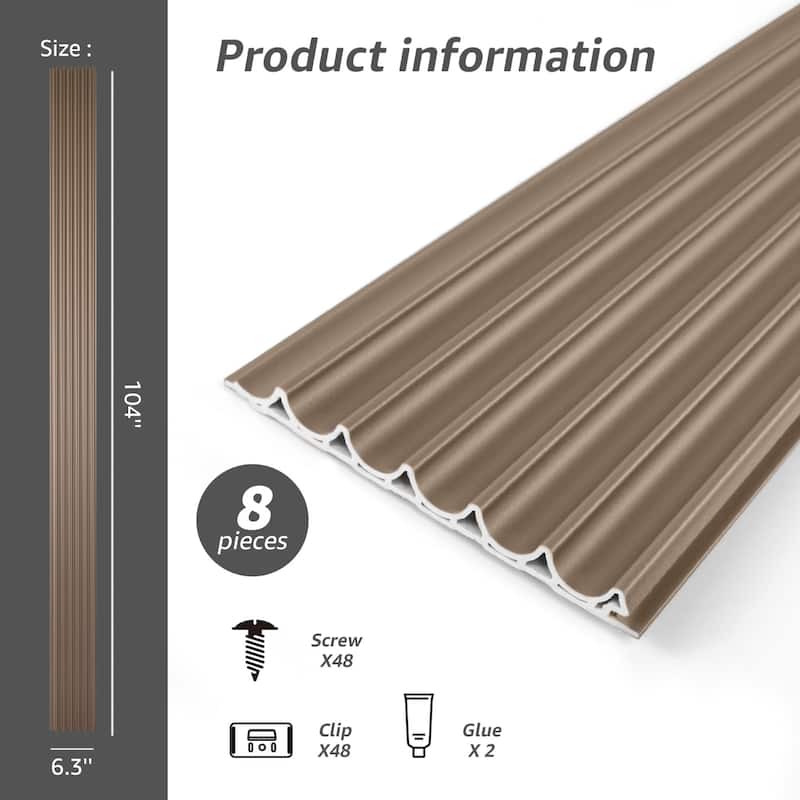 Art3d 104'' X 6.3'' Fluted Wall Panel for Interior Decor, WPC Wall Panel, Metal Finish,8pcs - N/A