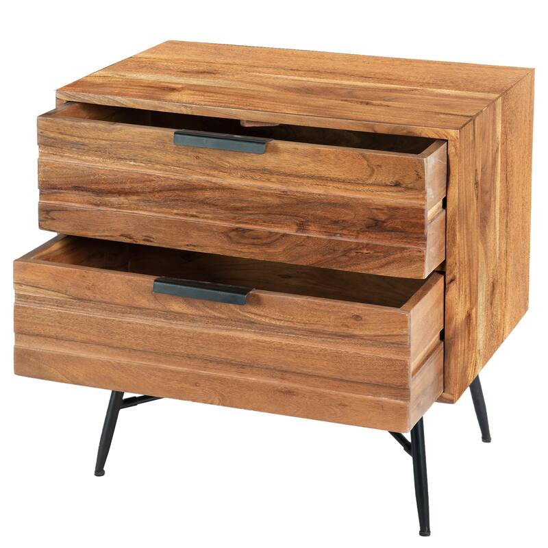 Natural Brown/Black 2 Drawer 23.5 in. W Nightstand with Angled Legs