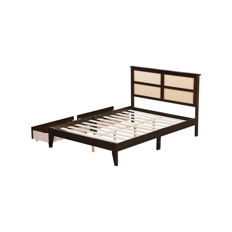 Full Size Bed with Rattan Headboard, Two Storage Drawers, Rubber Wood Frame, Espresso Finish