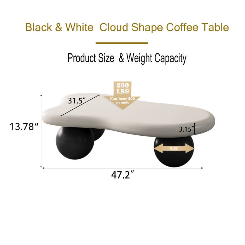 47 Inch Cloud Shaped Coffee Table with 3 Ball Legs for Living Room