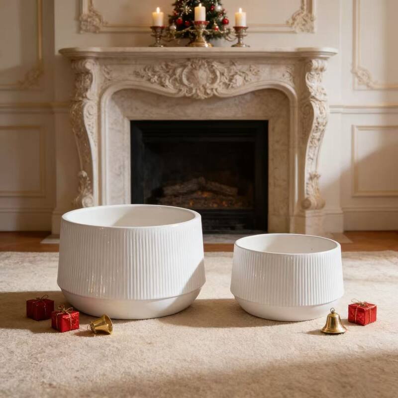 Set 2 Non-Porous Matte White Ribbed Ceramic Planter for Aquatic Plants - Gloss White