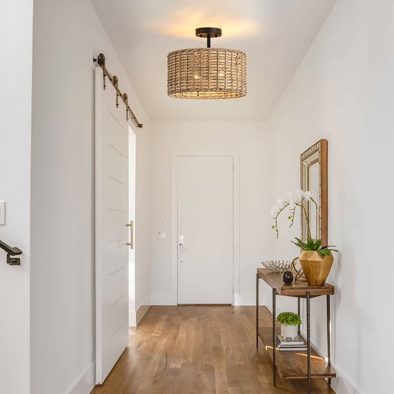 Lennie 13.6 in. 2-Light Natural Rattan Drum Semi-Flush Mount Ceiling Light - 13.6 in. W