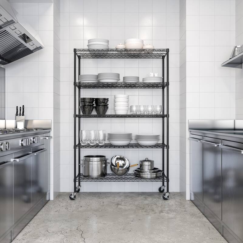 UltraDurable 5-Tier Adjustable Steel Wire Shelving with Wheels, 48" W x 18" D x 72" H, Black