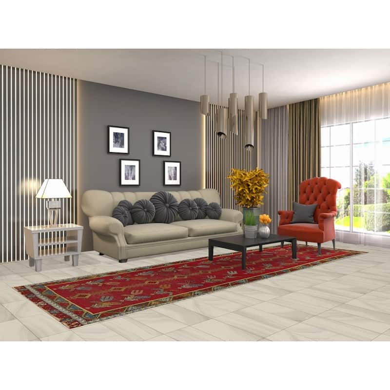 Hand Knotted Oriental 100% Wool Carpet Traditional Geometric Red Karabagh Runner Rug - 12' 0'' X 3' 7''