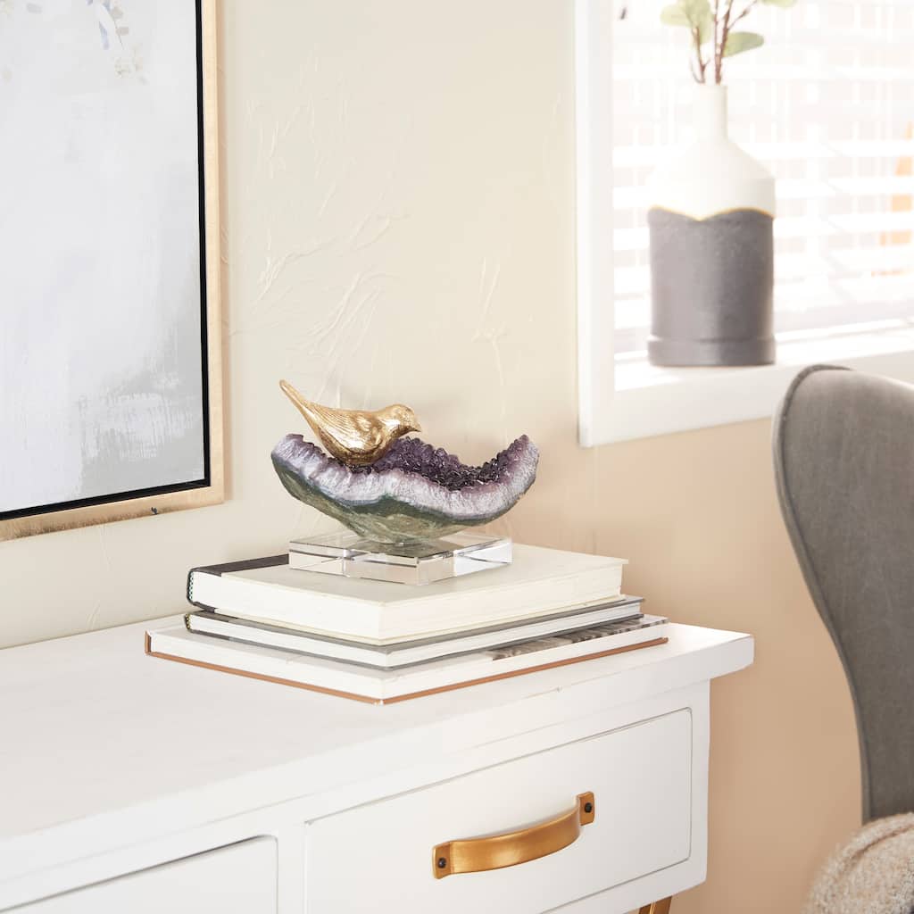 Multi Colored Polystone Bird Decorative Sculpture with Amethyst and Acrylic Stand