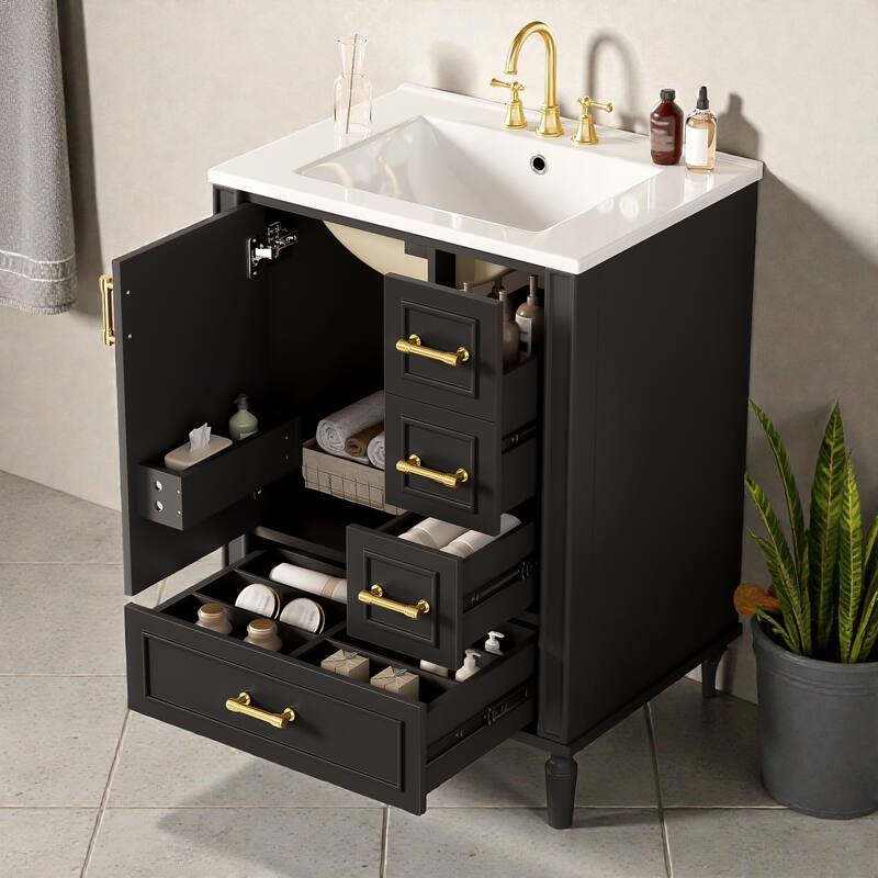 24" Modern Bathroom Vanity with Ceramic Sink, 3 Drawers, Soft-Close Door, Gold Handles, Space-Saving Storage