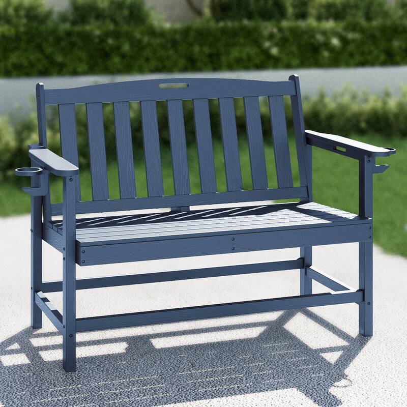 MAISON ARTS 50 Inch HDPE Outdoor Bench, All Weather 2 Seat Garden Bench with Reinforced Support Structure - Navy Blue