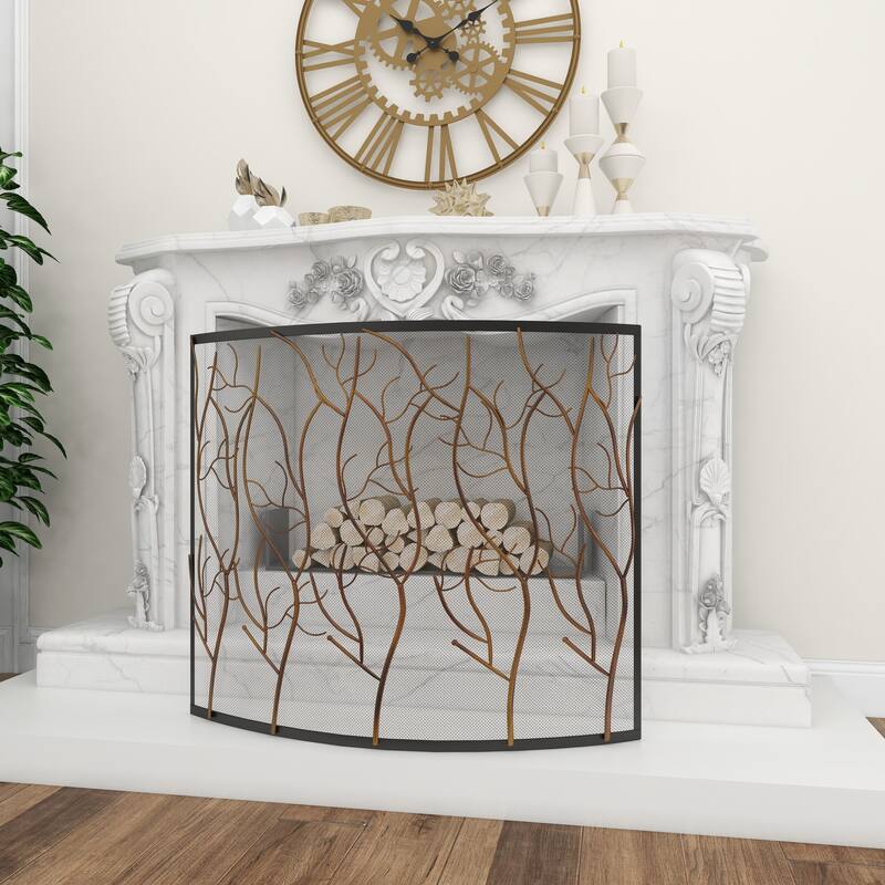 Brass Metal Branch Single Panel Tree Fireplace Screen with Mesh Netting