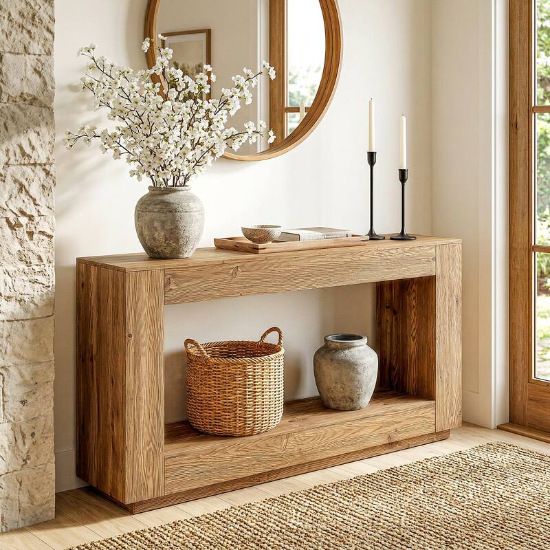59" Solid Wood Entryway Table, 2-Tier Console Table with Open Storage - Wood Brown