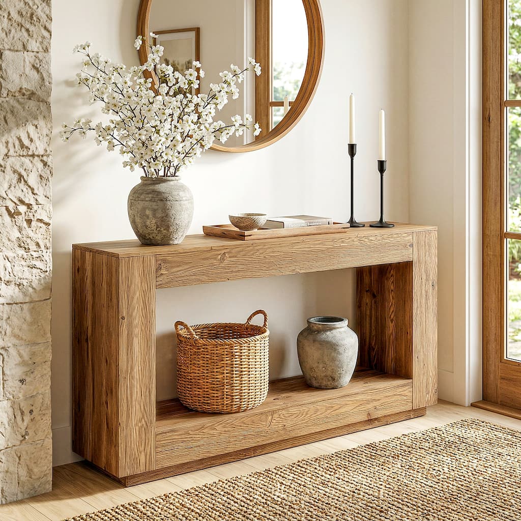 59" Solid Wood Entryway Table, 2-Tier Console Table with Open Storage