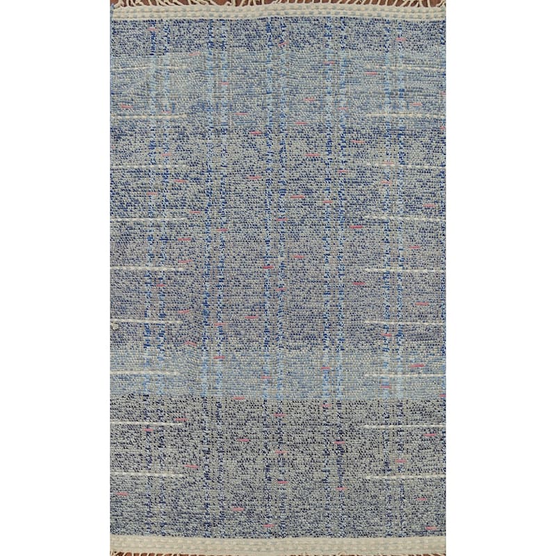 Gray & Blue Striped Moroccan Area Rug Hand-Knotted Wool Carpet - 5'9"x 9'8"