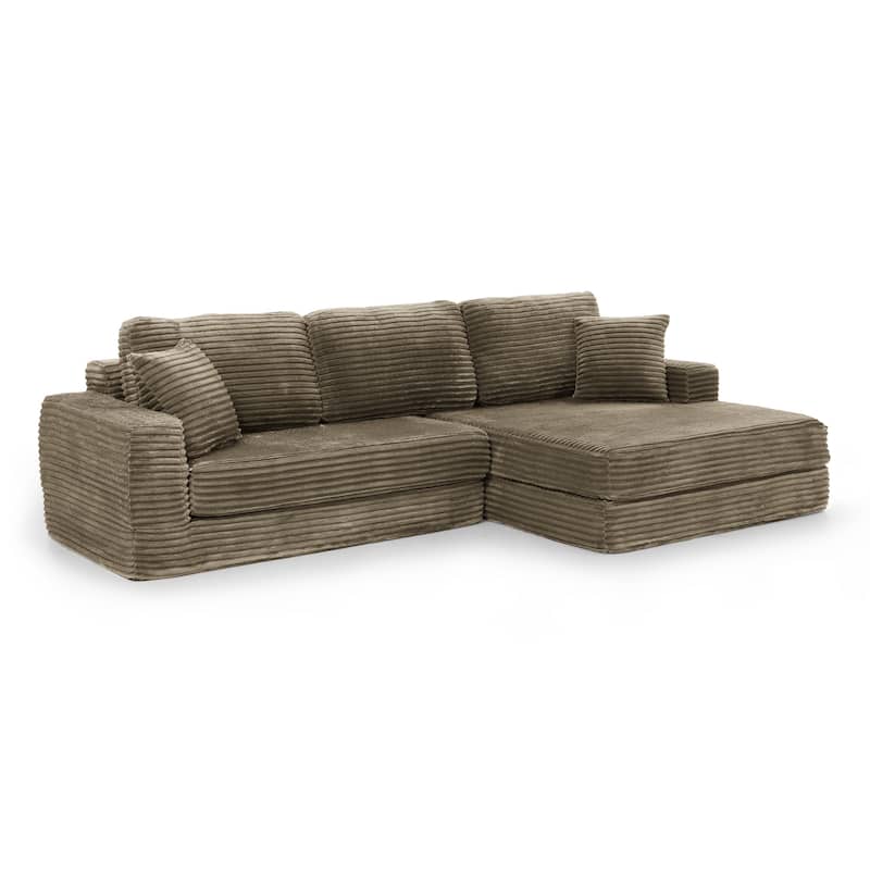Modern Minimalist L-shape Sectional Sofa with Chaise Lounge Corduroy Compressed Folding Couch Convertible into Floor Bed
