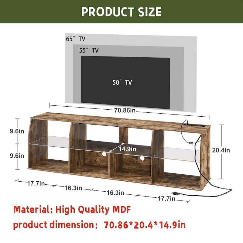 VECELO TV Stand with LED Light, Industrial Entertainment Center with 7 Open Storage