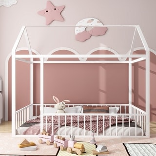 Twin Size White Metal Bed Frame House Bed Toddler Bed with Fence Roof
