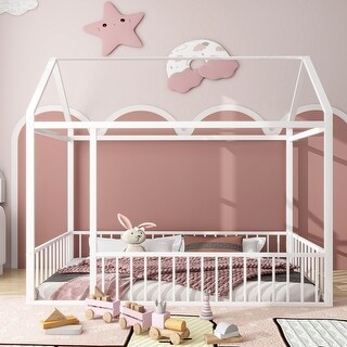 White Twin Size Metal House Bed Frame with Fence & Roof