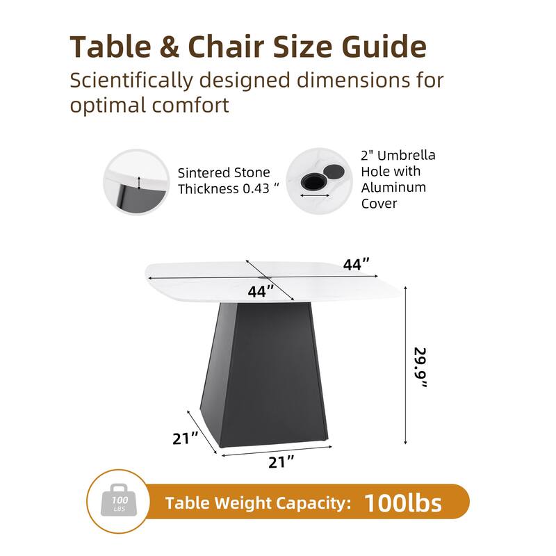 Outdoor Modern Patio Squircle 44"x44" Dining Table,White Marble-Inspired Sintered StoneTop,Flared Pyramid Aluminum Base