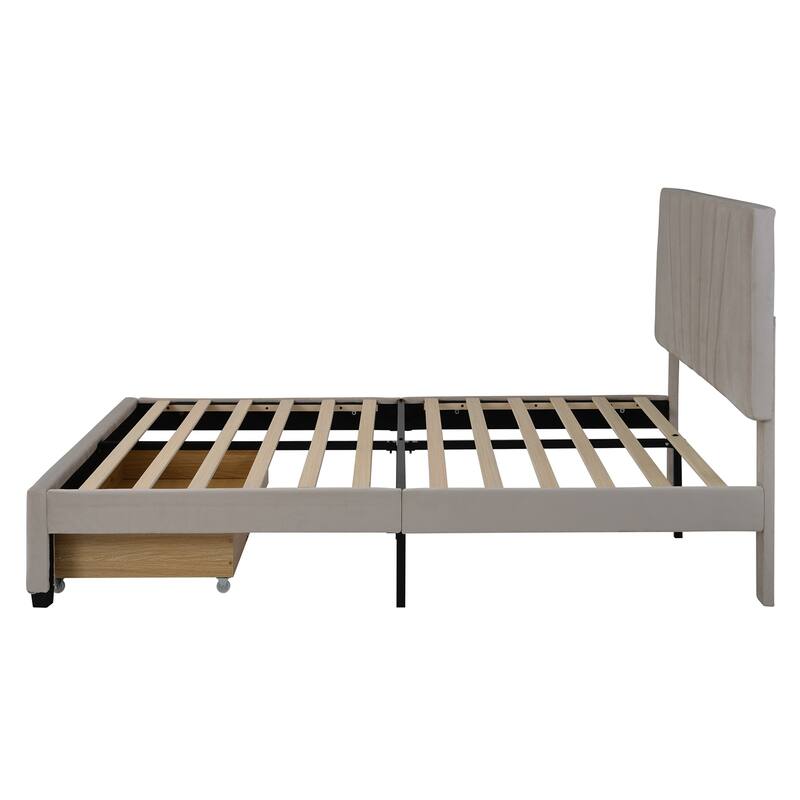Storage Bed Velvet Upholstered Platform Bed with a Big Drawer