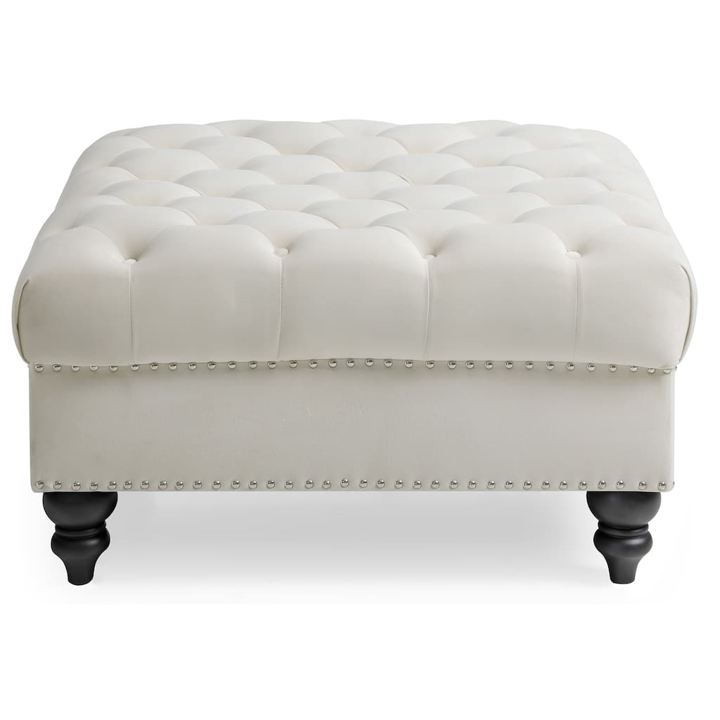 Nailhead Tufted Velvet Ottoman - 35" - Beige