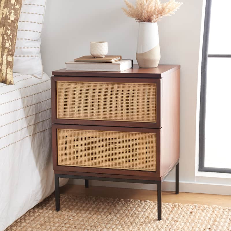 SAFAVIEH Haylie 2-Drawer Rattan Nightstand - Walnut/Natural