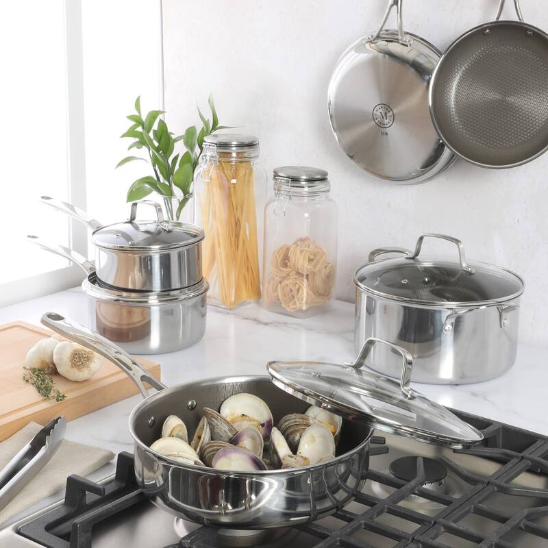 Martha Stewart Badgley Hybrid Nonstick 10 Piece TriPly Stainless Steel Pots and Pans Non-Toxic Kitchen Cookware Set -