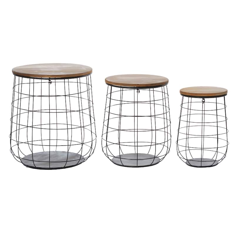 Metal Storage Basket with Wood Lids - Set of 3 Brown - Roche River Decor - 21"W x 21"L x 23"H