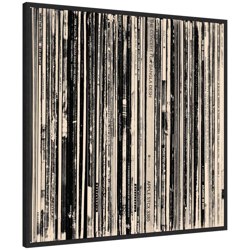 Kate and Laurel 33 RPM Black and White Square by Robert Cadloff Framed Canvas Wall Art Print - 30 x 30