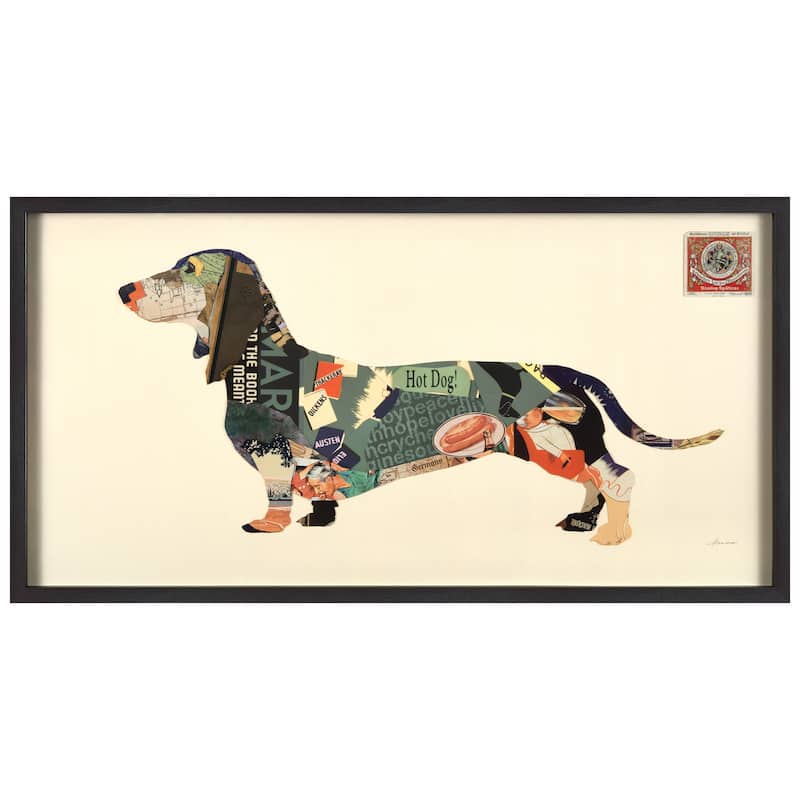 "Dachshund" Alex Zeng's dimensional collage, under glass & a black shadow box frame