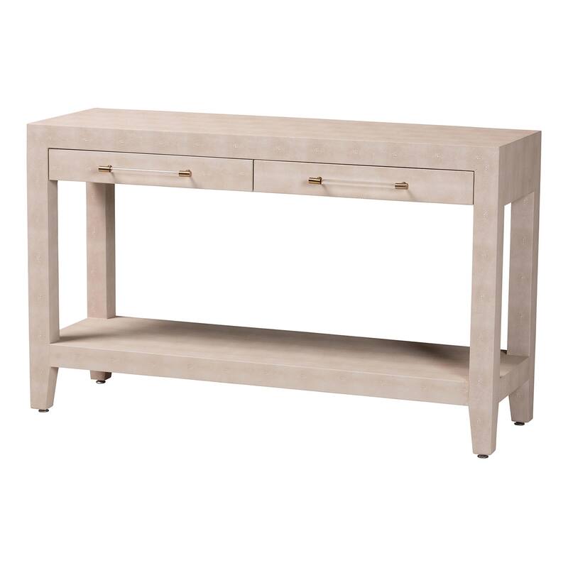 Nira Faux Shagreen Console Table - Contemporary Accent Display Piece with 2 Drawers and Open Shelf, Entryway Storage Solution - Beige/Brass