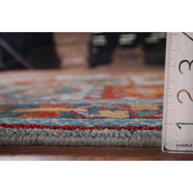 Blue Geometric Oushak Oriental Area Rug Hand-Knotted Wool Carpet - 3'11"x 5'11"