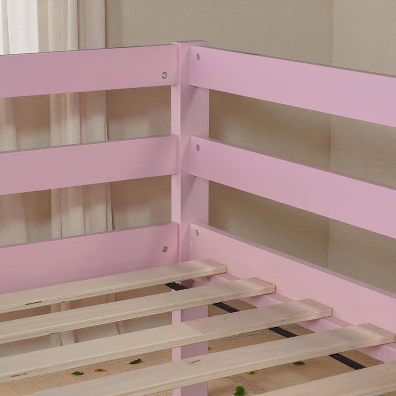 Solid Rubber Wood Twin Over Twin Floor Bunk Bed with Ladder, Low Height Design and Strengthened Slat Support