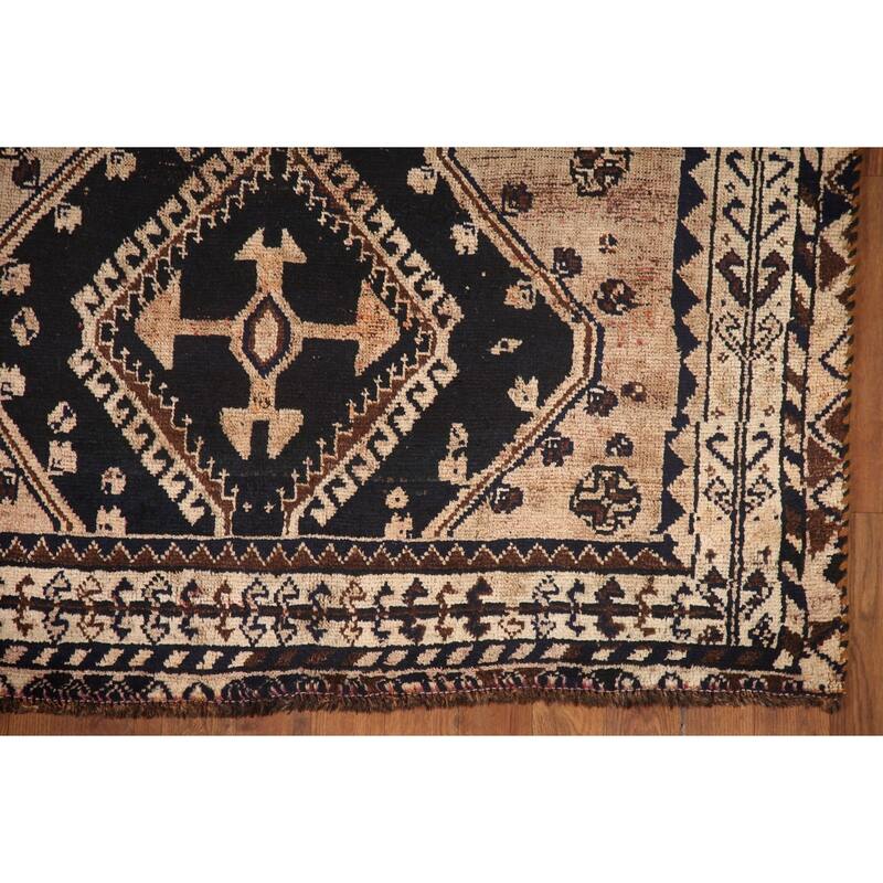 Hand Knotted Oriental 100% Wool Carpet Traditional Tribal Black Qashqai Area Rug - 7' 8'' X 4' 4''