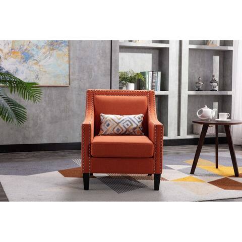 Modern Accent Armchair with Nailheads Trim(from Bottom to Top) and Wood Legs, Barrel Chair with Curved edges, Orange