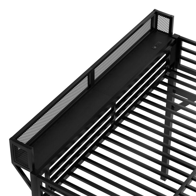 Queen Size Metal Loft Bed with Storage Stairs, Shelves & Built-in Wardrobe - Features USB Ports and LED Lighting